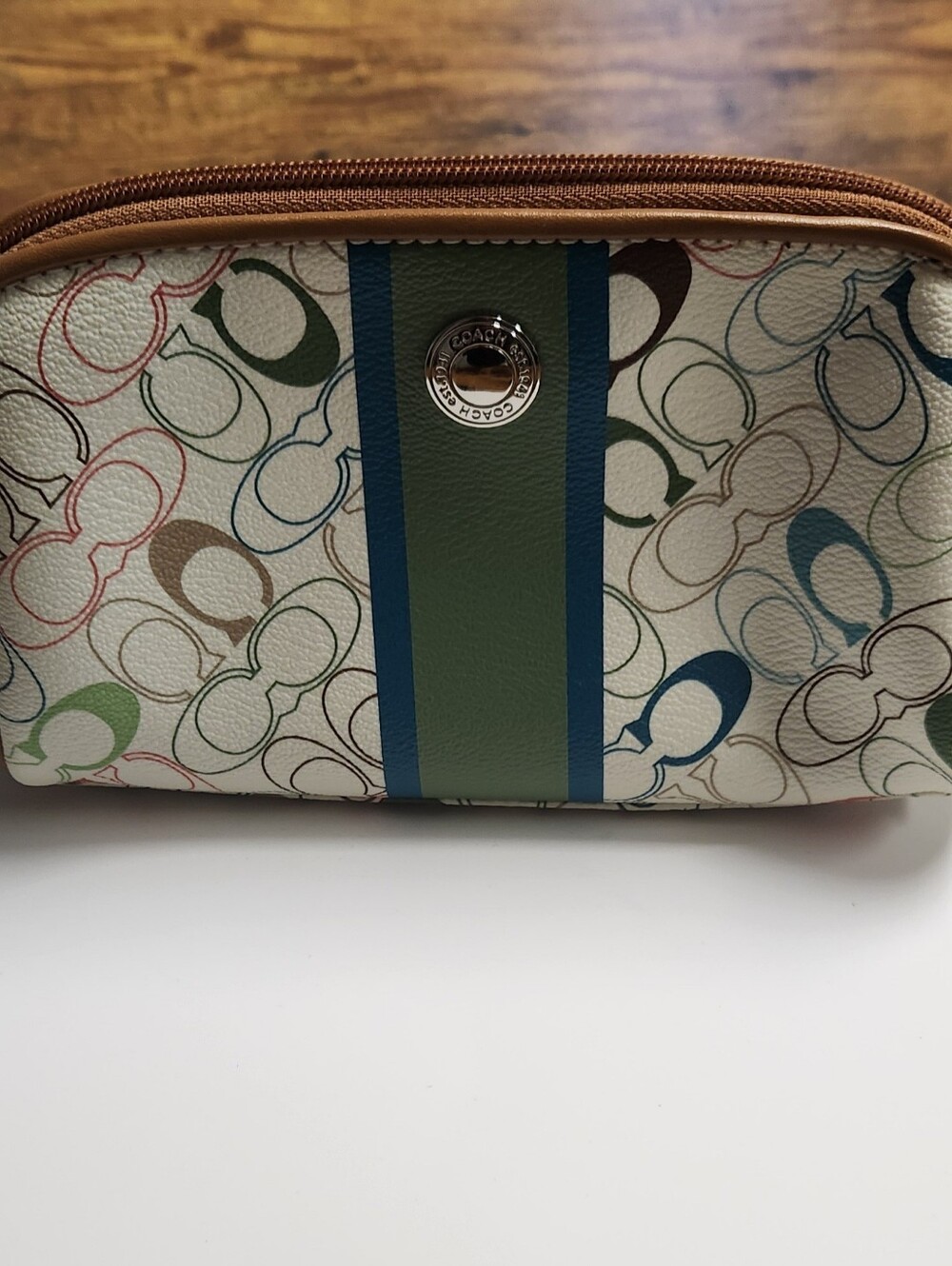 Coach Multicolor Signature Cosmetic Pouch with Green and Blue Center Stripe